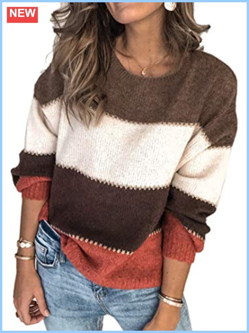 Womens Knit Pullover Sweater Crewneck Color Block Patchwork Long Sleeve